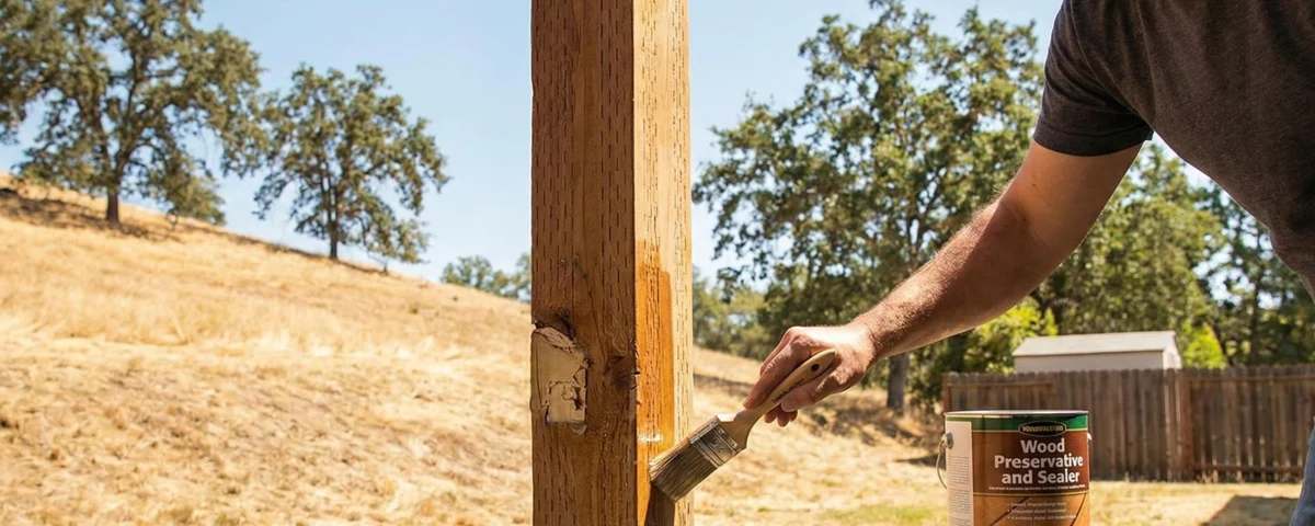 Homeowner applying wood preservative to prevent dry rot